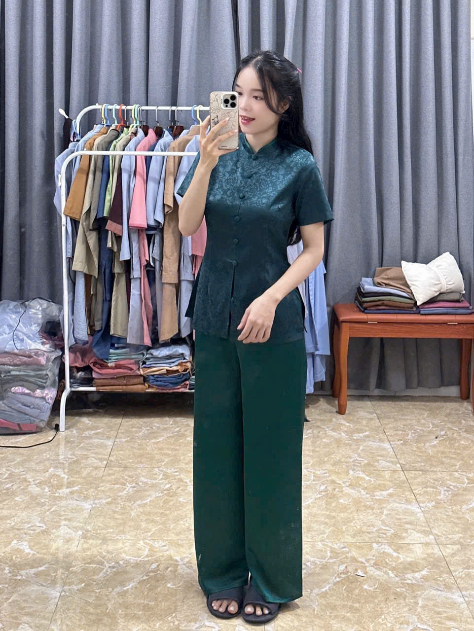 Đồ Lam Đi Chùa # Lụa Hoa Tay Phồng# Quần Áo Nữ