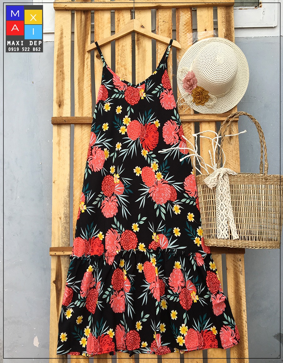 Đầm 2 dây hoa mẫu đơn freesize dáng chữ a đuôi cá dễ thương