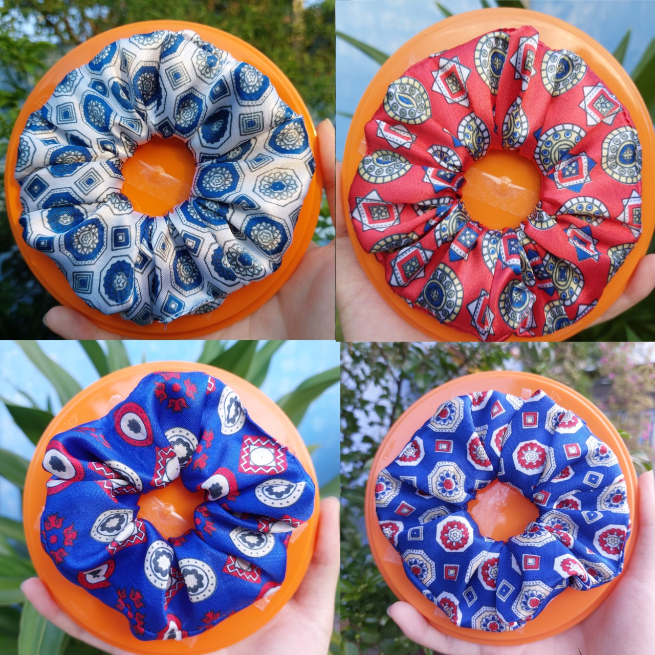 Dây buộc tóc scrunchies bs chất liệu vải phi bóng hoa văn mẫu siêu đẹp