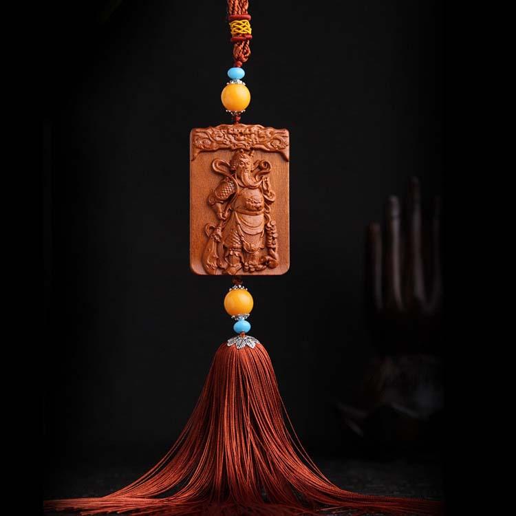 Dây Đeo, Móc Khóa Gỗ Trang Trí Xe Ô tô, Balo, Túi Xách Khắc Thủ Công Hình Thánh Quan Công Cầm Đao