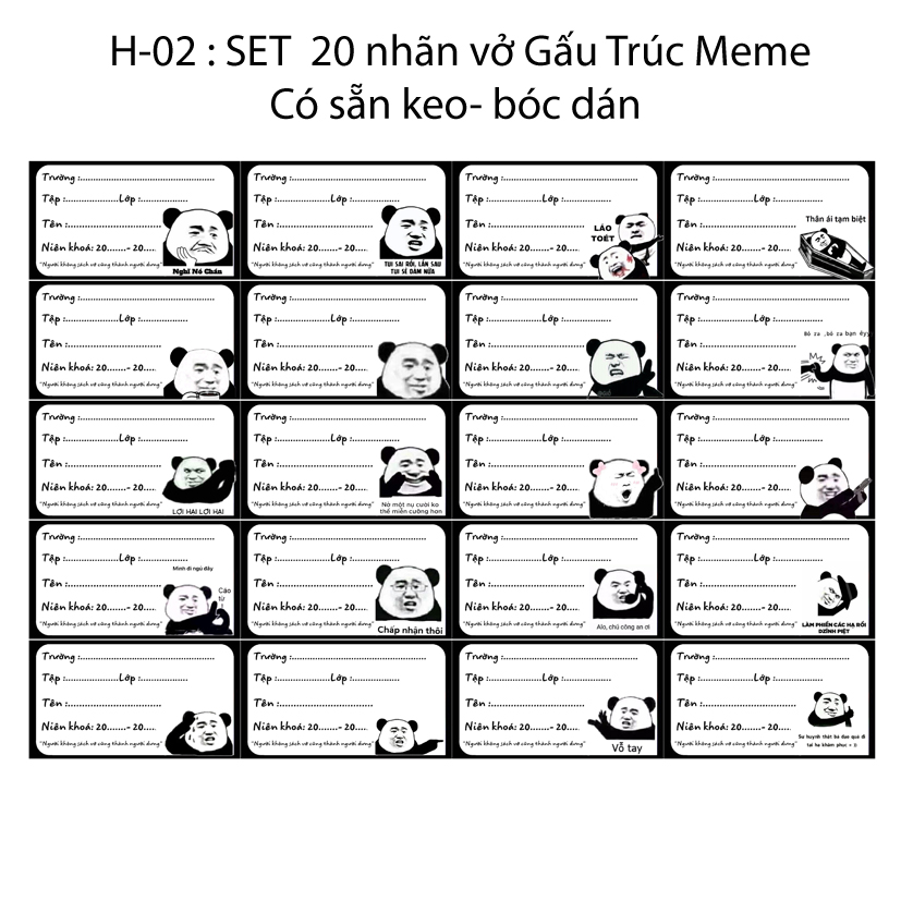 Nhãn vở Meme Gấu Trúc - Nhãn dán Gấu Trúc Meme (set 20 nhãn vở khác nhau)