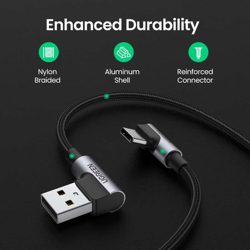 UGREEN Cáp USB C Nylon Cáp Sạc Nhanh 90 Độ Cáp Loại C, Dành Cho Xiaomi Redmi Note 9 SRedmi Note 9S Tiện Lợi Cáp Pubg Chơi Game Dành Cho Xiaomi A1/A2Mi 6/ Mi 8/Pocophone F1/Redmi Note 7/Huawei Nova 3/P9/Samsung Note 9/S8, V. V.  Model:20855