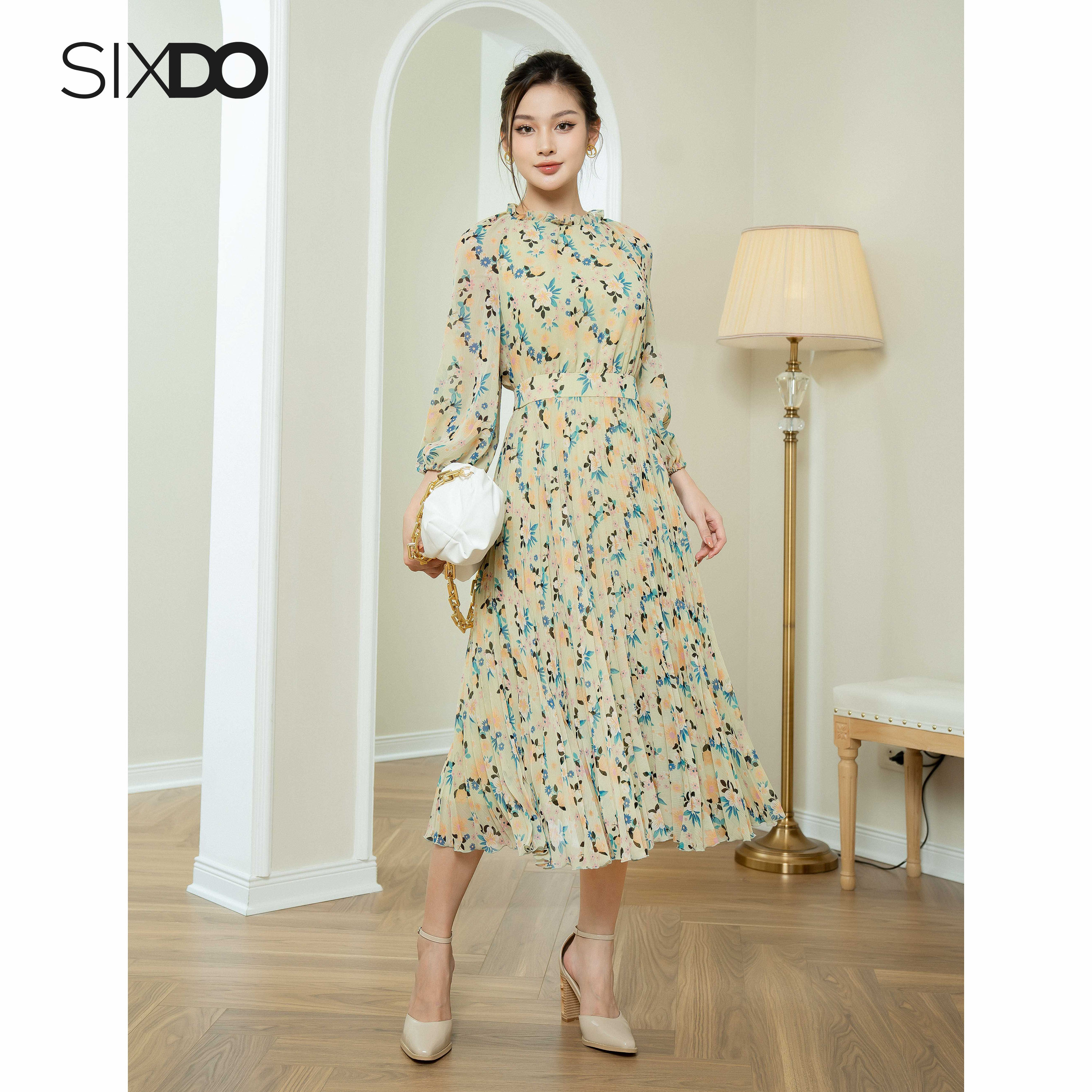 Đầm voan hoa dài tay cổ bèo SIXDO (Light Green Floral Midi Voile Dress)