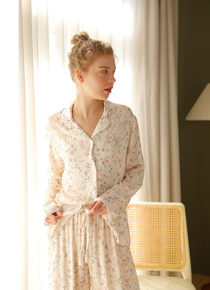 Bộ Pyjama Hoa Tay Dài Vải Lụa Đồ Ngủ Mặc Nhà After Bath PJ044