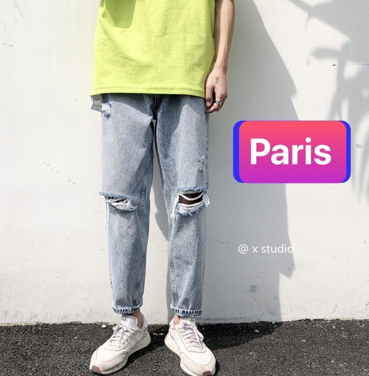 QUẦN BAGGY JEAN NAM CHẤT BÒ ỐNG RỘNG DÀI RÁCH GỐI XÌ TEEN HÈ HÀN QUỐC NEW TREND DB-46 - PARIS FASHION