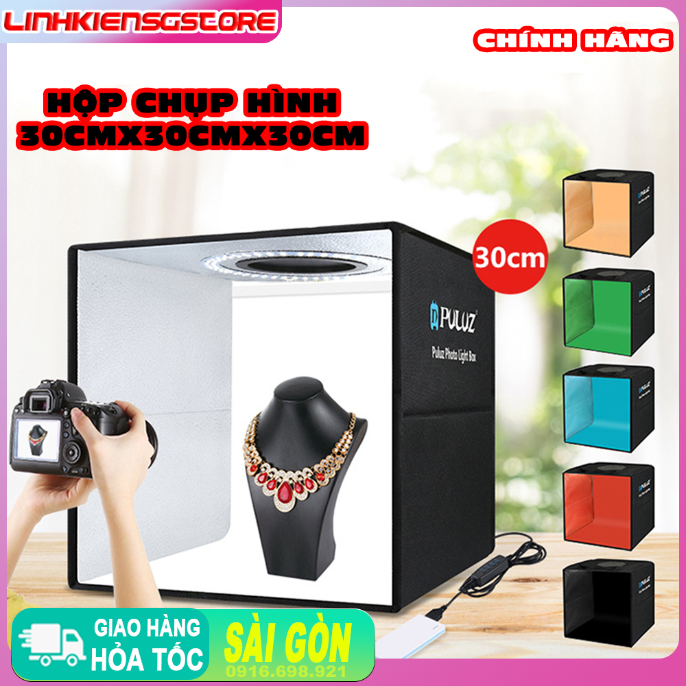 Hộp chụp sản phẩm Puluz 30cm x 30cm x 30cm có kèm đèn led điều chỉnh remote , 6 màu nền