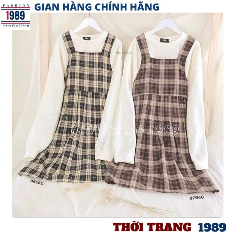 Yếm váy kẻ nữ kèm áo dài  bên trong , nguyên sét yếm kẻ caro tặng kèm áo SÉT BỘ ĐI CHƠI , áo phông tay dài , yếm váy kẻ , yếm kẻ , yếm váy , chất dầy đẹp ,CÓ 2 mầu ,THỜI TRANG 1989