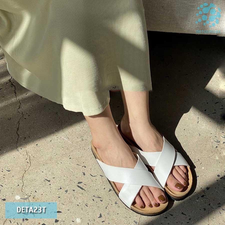 Dép đế trấu unisex quai chéo da pu trắng