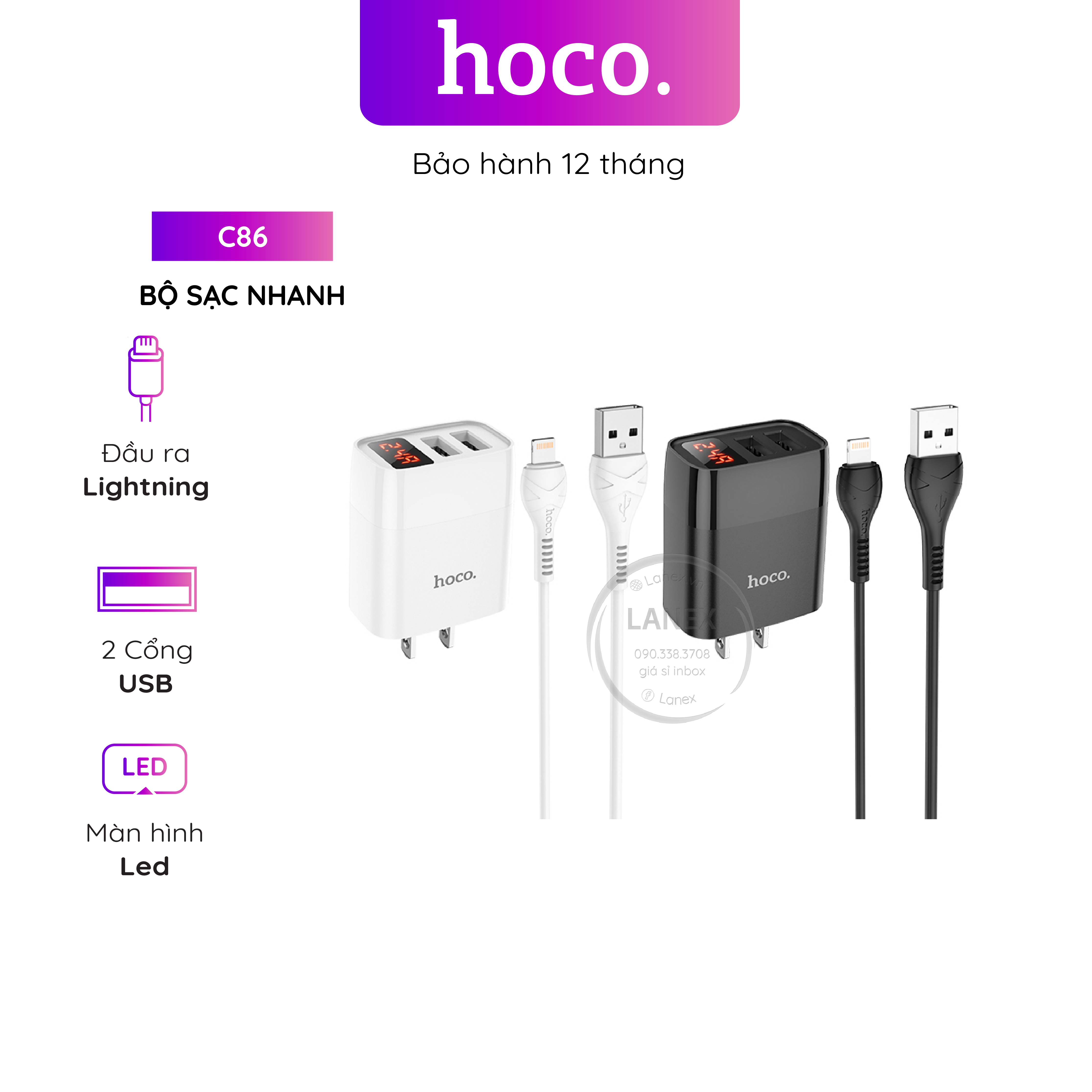 Bộ Sạc Nhanh Hoco C86 2 Cổng Usb Lightning 2.4a Màn Hình Led