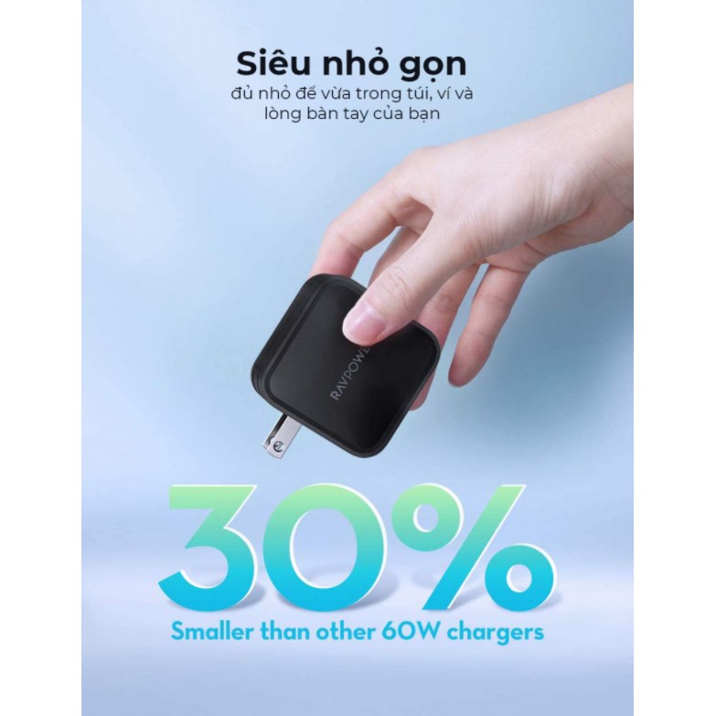 Củ Sạc Nhanh GaN 65W RavPower PD 2 cổng (USB + C) RP-CPCN002