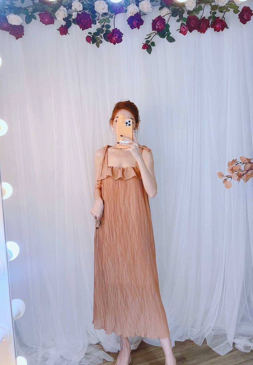Đầm maxi hai dây cột nơ vai+  ảnh thật mẫu mặc