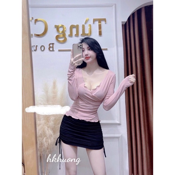 Sét áo lụa đắp chéo phối chân váy rút dây chất Borip (Set bộ nữ)