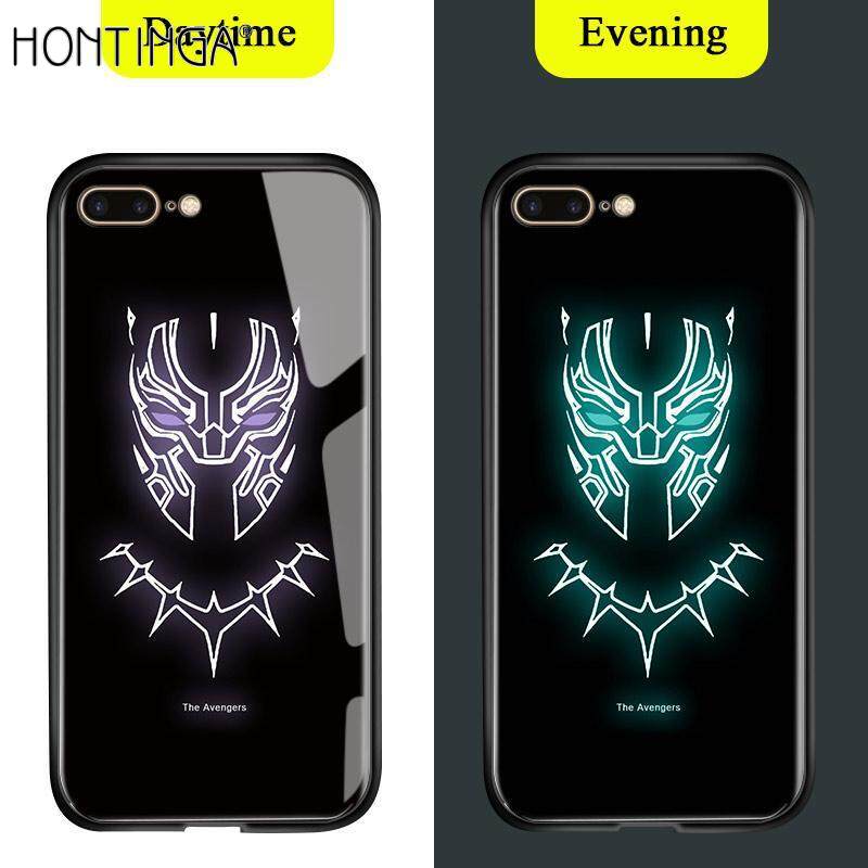 Hontinga Luminous Marvel Avengers Tempered Glass Back Case For iphone 7 Plus 8 Plus + Case Luxury Fashion Shockproof TPU Protective Night Shine Casing Cover Shell