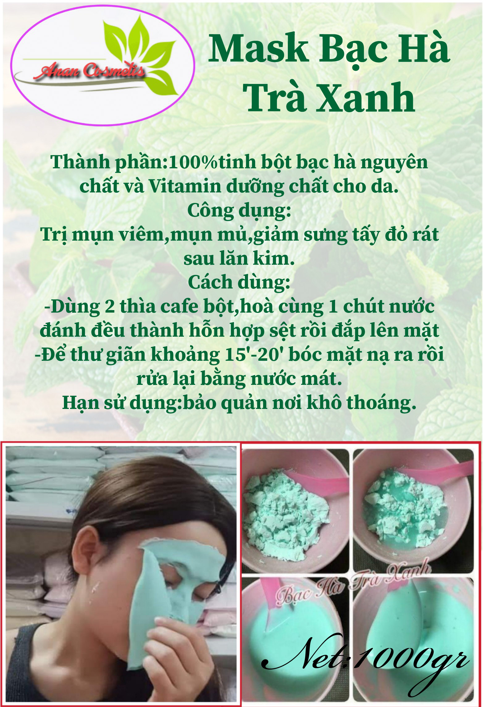 100g mặt nạ  dẻo bạc hà/dẻo hoa hồng/dẻo cám gạo bùn non