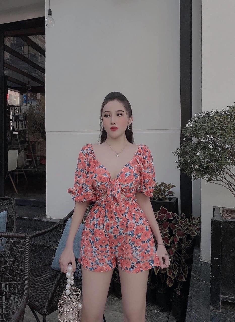 Sét bộ đồ nữ nhúm ngực họa tiết hoa