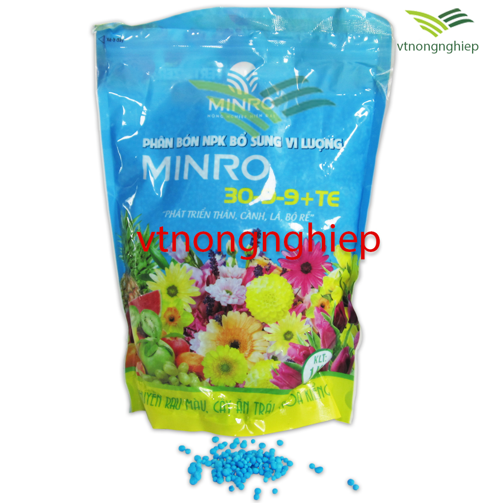 Phân bón Minro npk 30-9-9+ TE, gói 1, phát triển thân, lá, cành, bộ rễ, chuyên cho rau màu, cây ăn trái, hoa kiểng