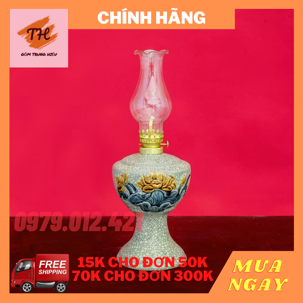 Đèn dầu Bát Tràng men rạn đắp nổi