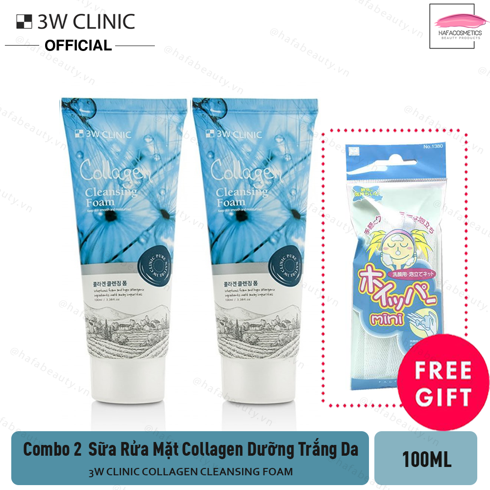 Combo 2 Sữa Rửa Mặt Bổ Sung Collagen 3W Clinic Collagen Foam Cleansing 100ml x2 + Tặng Túi Lưới Rửa Mặt Tạo Bọt - HAFA STORE