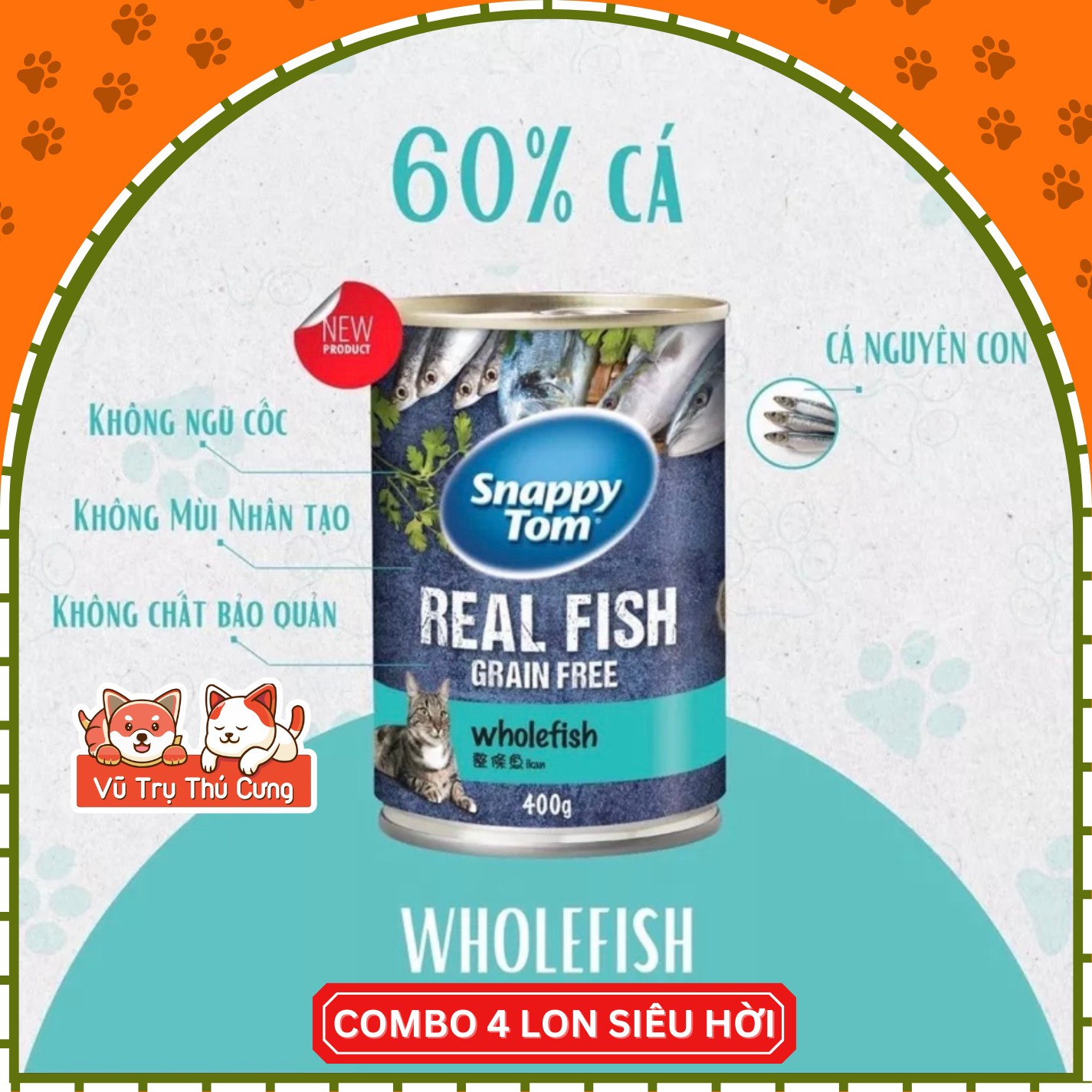 Combo 4 lon Pate Lon Snappy Tom Real Fish cho Mèo 400g với hàm lượng dinh dưỡng cao từ cá trích thật