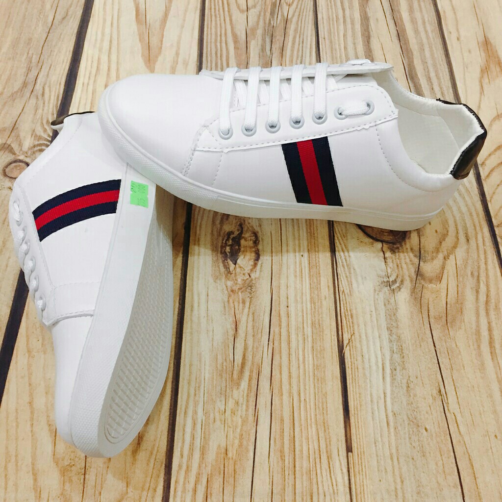 Giày bata trắng sọc đỏ chất da pu lịch lãm (NS13)