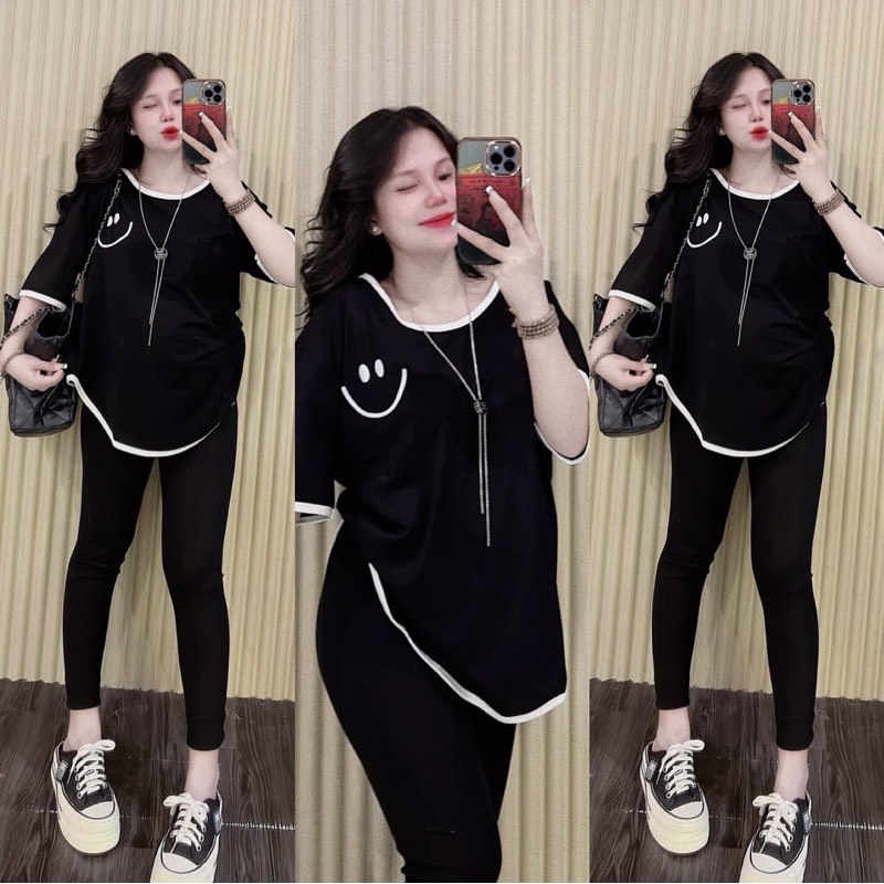 Set bộ nữ, bộ dài thun tăm bigsize quần ôm in mặt cười