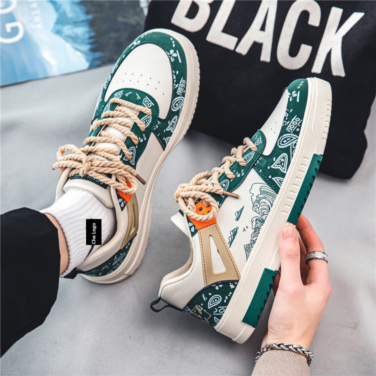 Giày thể thao nam sneaker sườn phối quai kem cam họa tiết siêu chất