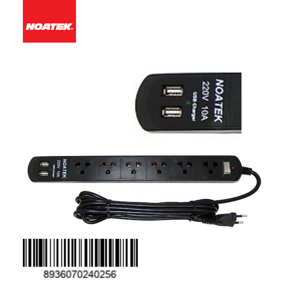 Ổ cắm điện NOATEK 6 phích cắm,2 cổng USB,dài 4M