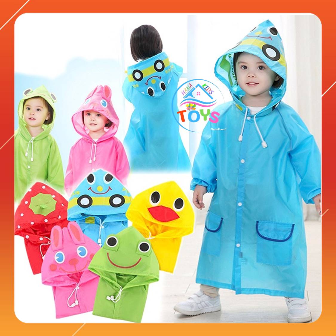 Áo Mưa Trẻ Em 3-6 tuổi, Hình Thú, Vải Polyester Chống Thấm, Nút Bấm, Bé cao 90-120cm