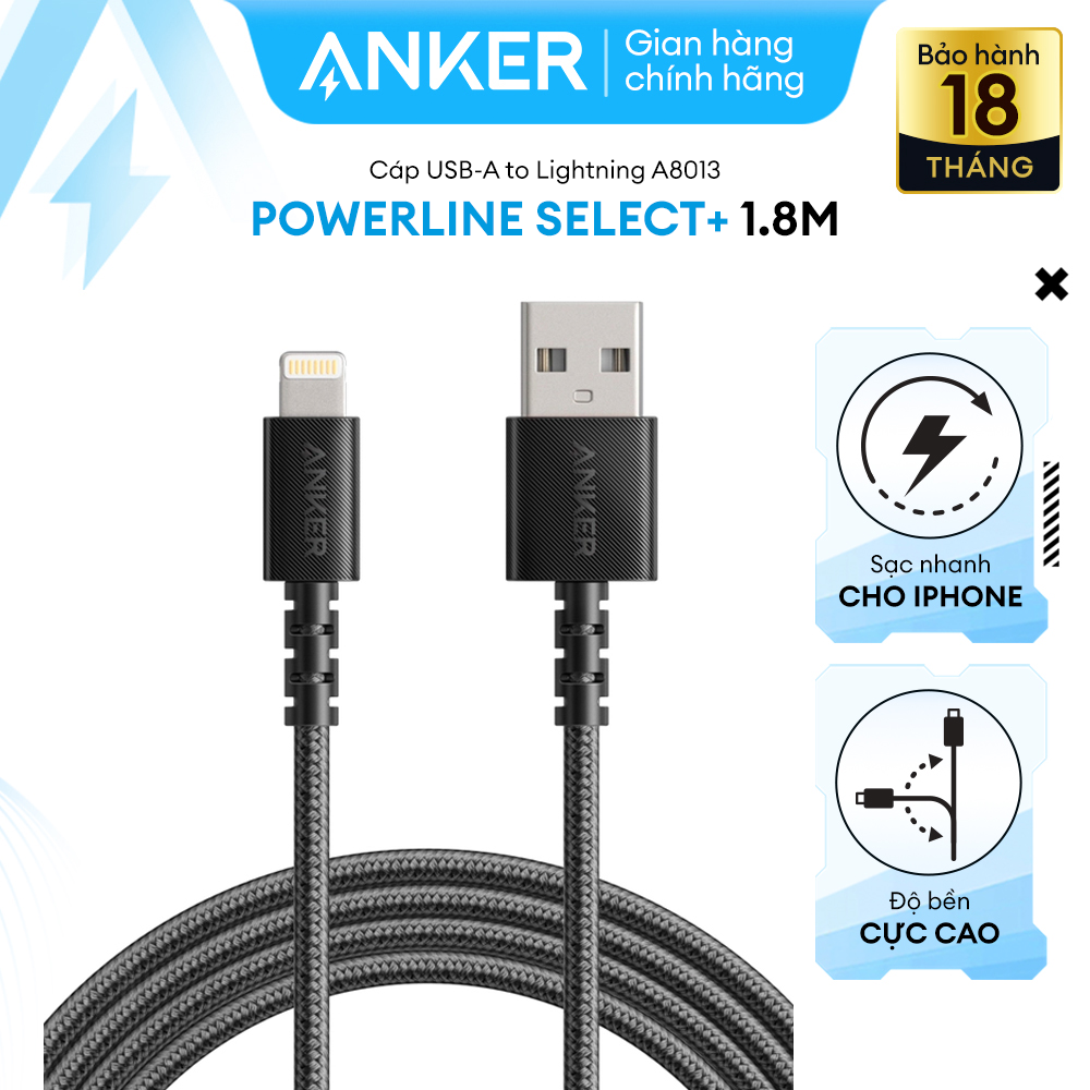 [CHỈ 20.9 - SALE ĐẾN 50%] Cáp sạc ANKER PowerLine Select+ Lightning dài 1.8m - A8013