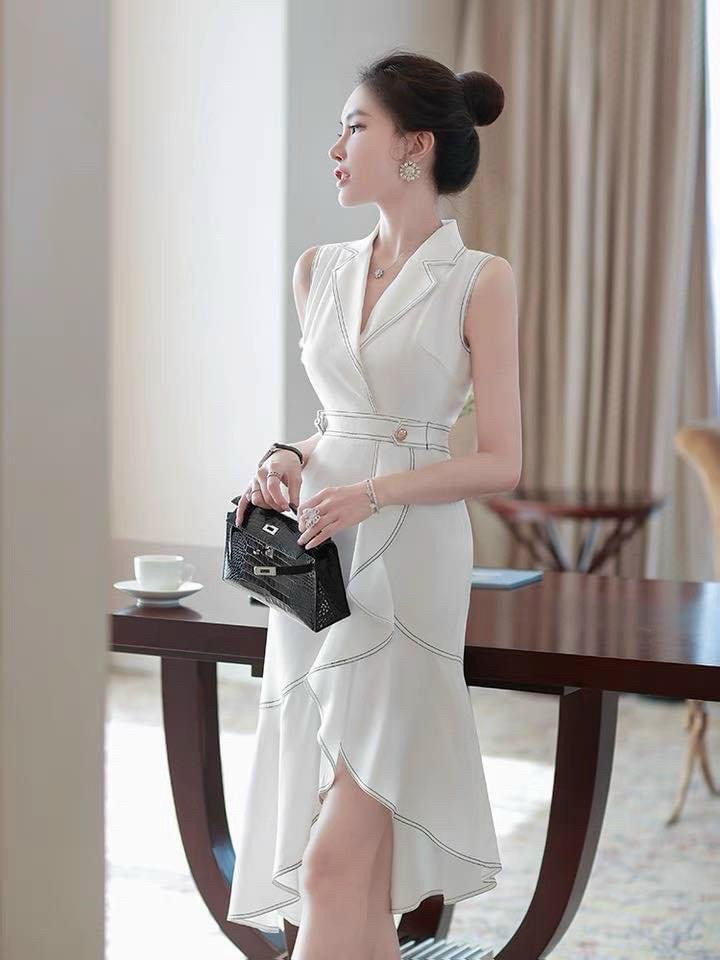Đầm váy trắng đi tiệc cổ vest viền chỉ đen