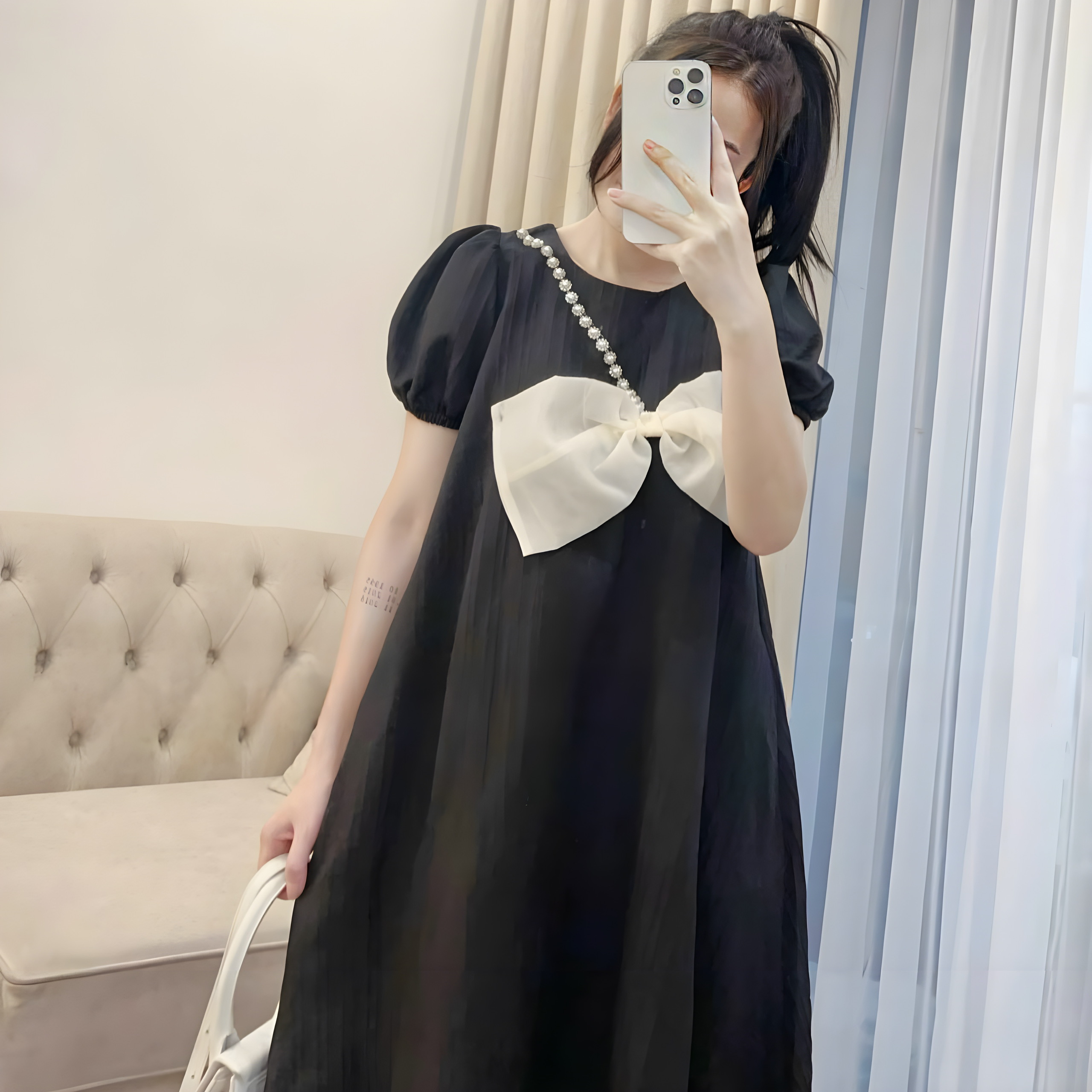 Váy bầu tơ đính nơ ngọc v085