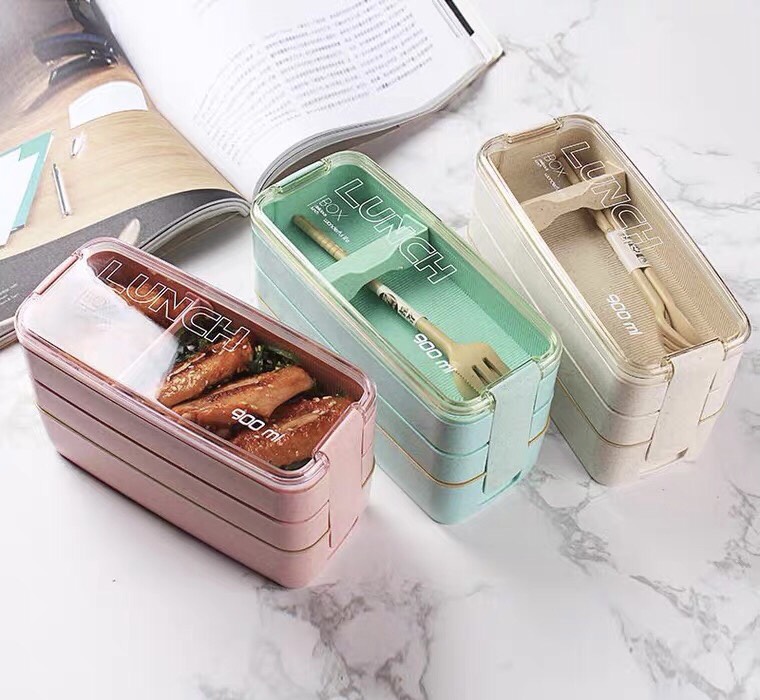 Hộp đựng cơm Lunch box lúa mạch ba tầng kèm đũa thìa cao cấp