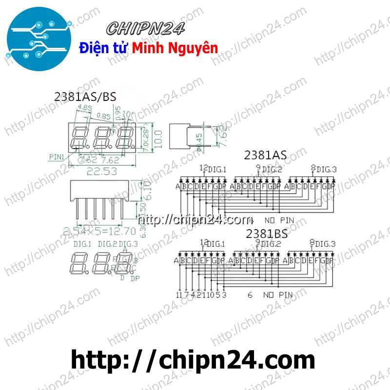 [1 con] Led 7 Đoạn 0.28 inch 3 Số Dương chung (Sáng Đỏ)