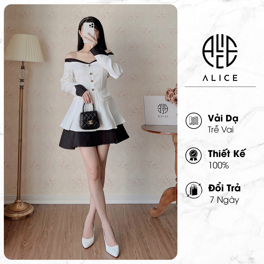 Set váy dạ tiểu thư alice kiểu dáng dài tay thiết kế trễ vai phối màu đen trắng kèm chân váy ngắn xòe s233