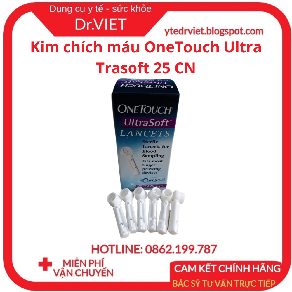 Kim chích máu OneTouch Ultra Trasoft 25 CN - LIFESCAN - Thiết kế đầu vát kim cương, giảm đau, lấy máu dễ dàng, an toàn tuyệt đối, không gây nhiễm trùng, dùng cho bút chích máu của máy OT Ultra và OT Select Simple. Hộp 25 kim - ykDrviet