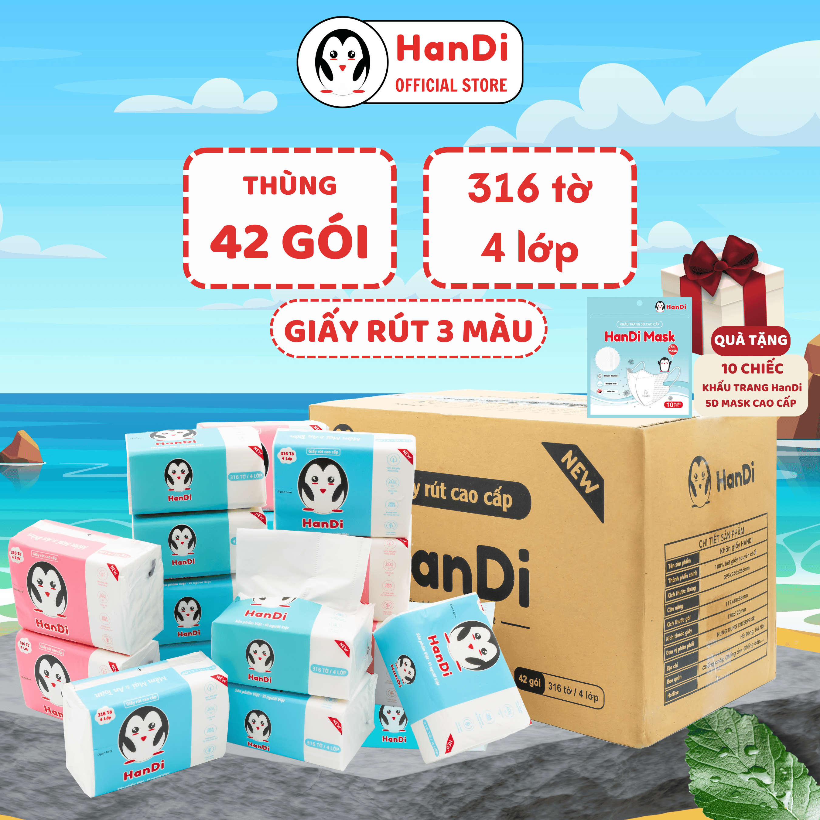 Thùng 42 gói giấy ăn HanDi, khăn giấy rút CAO CẤP, 316 tờ 4 lớp, CÓ QUÀ TẶNG