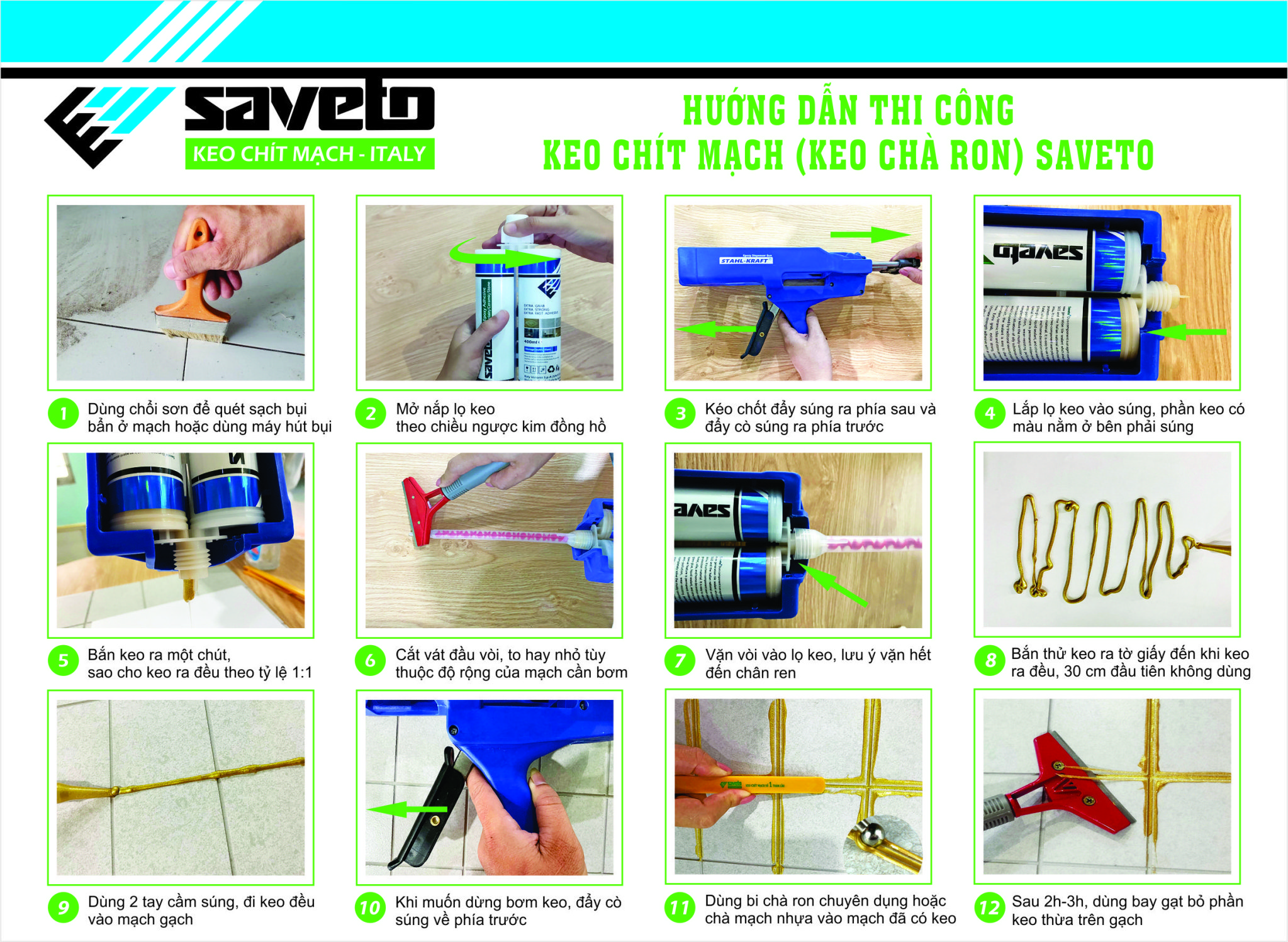 Bộ keo chít mạch Màu Trắng (dán ron gạch) + 4 dụng cụ thi công