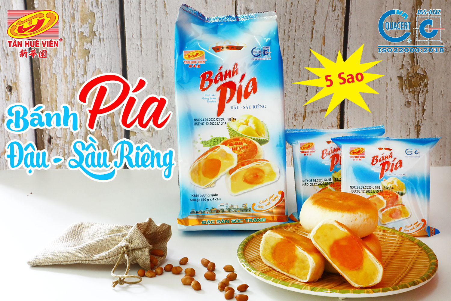 Pía 5 sao đậu xanh sầu riêng 600gr Tân Huê Viên