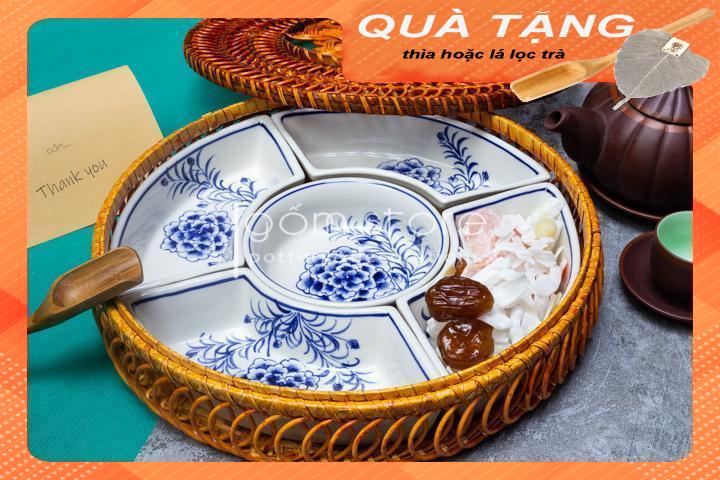 Khay mứt tết sứ Bát Tràng vỏ khay mây đan thủ công (Tổng hợp họa tiết 01)