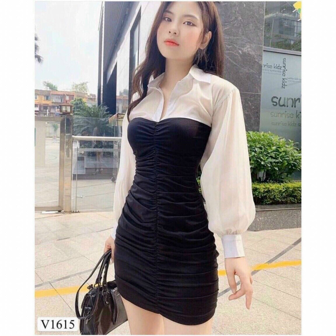 Đầm body cổ sơ mi phối voan xinh xắn