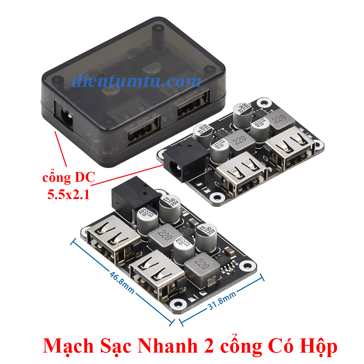 Mạch Sạc Nhanh Hỗ Trợ QC2.0 - QC3.0 (Mạch BUCK 10-32VDC ra 2 cổng USB 5V-2.1A)