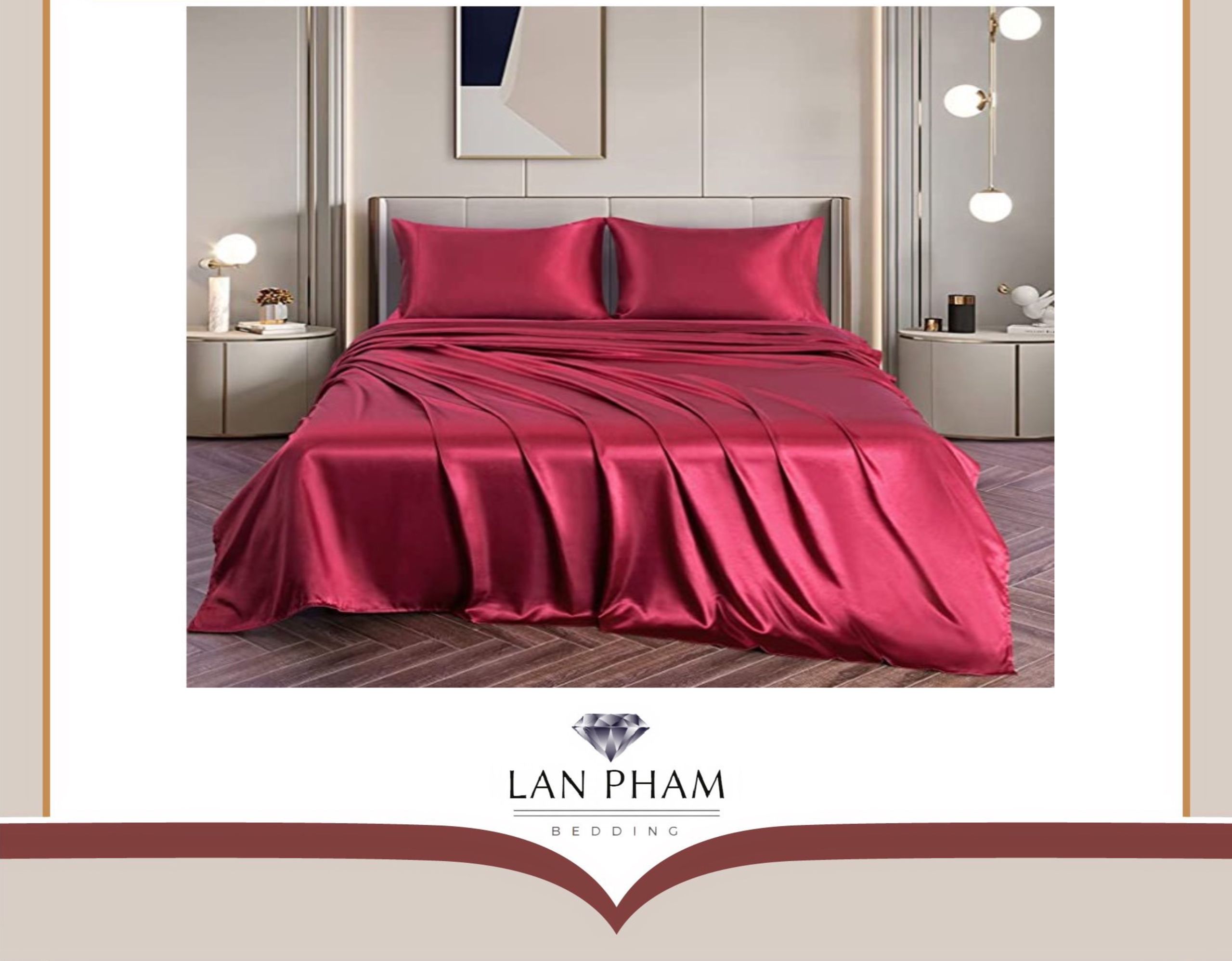 ( Lụa Loại 1) Bộ 5 Món Chăn Ga Gối Phi Lụa Lan Pham Bedding Hàng Loại 1 Mát Mịn - Đỏ Đô