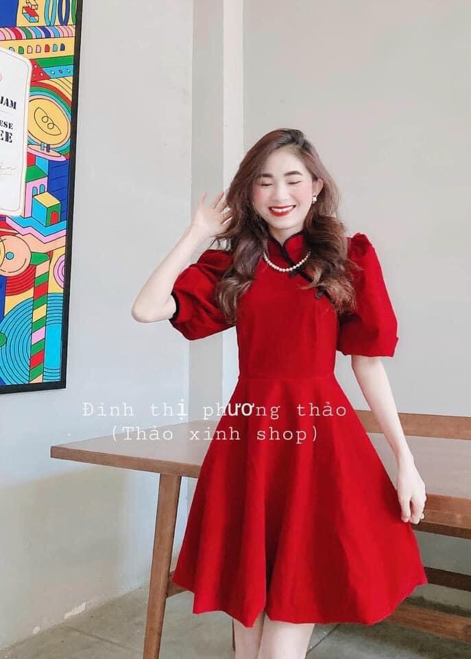 Đầm xòe sườn xám tay phồng xinh xắn