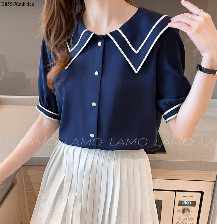 Áo sơ mi nữ đũi phối viền cổ - B855