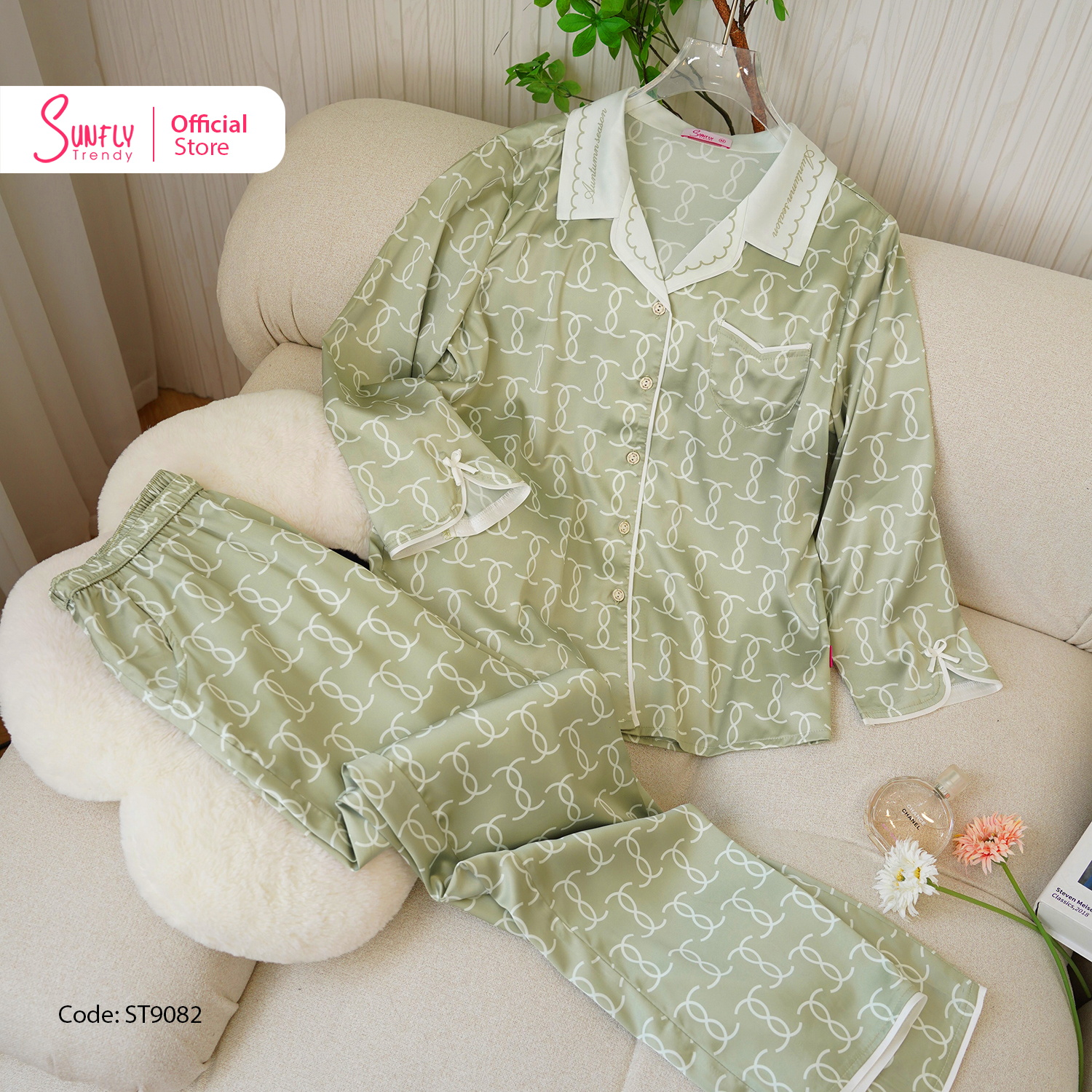 Bộ Đồ Nữ Mặc Nhà Pyjamas Lụa SUNFLY Áo Tay Lỡ Quần Dài Chất Lụa Mềm Mịn Thoáng Mát ST9082