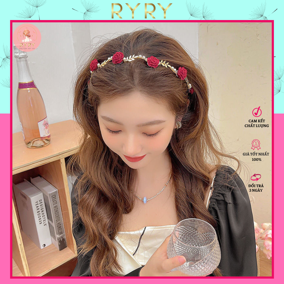 Băng Đô Cài Tóc Đính Hoa Hồng Phong Cách Retro Pháp