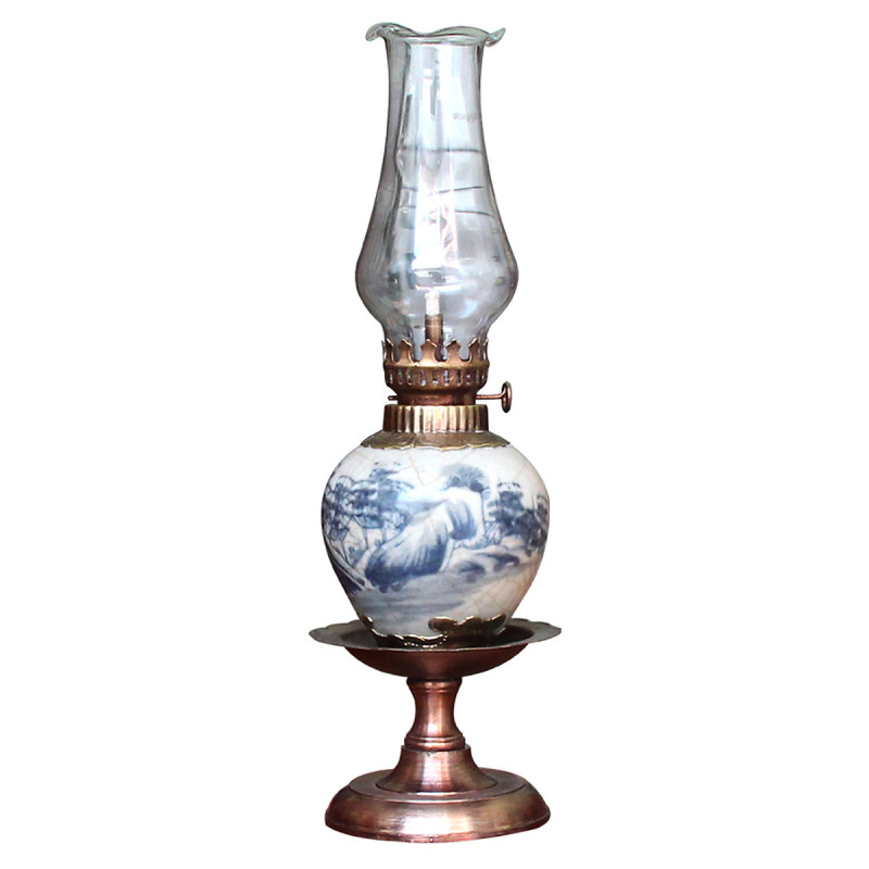 Đèn thờ dầu men rạn vẽ phong cảnh chân đồng thấp gốm sứ Bát Tràng (đèn dầu, đèn thờ cúng)