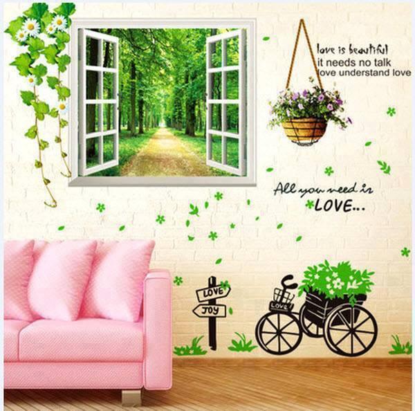 DECAL DÁN TƯỜNG CỬA SỔ RỪNG CÂY VÀ XE ĐẠP XANH