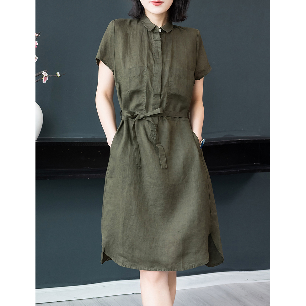 Đầm suông linen cổ đức bổ trụ 2 túi ốp ngực