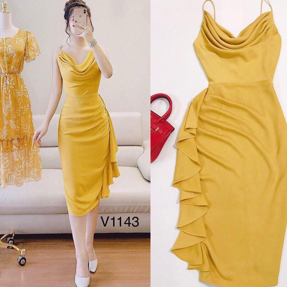 Đầm body cánh tiên xếp ly cổ đổ